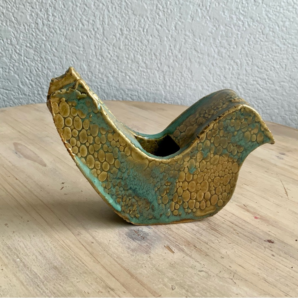 Primitive, Glazed, Pottery Bird Candle Holder